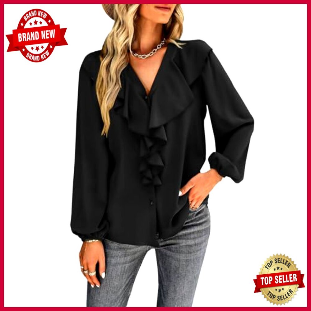 V Neck Ruffle Front Button Down Blouse Chiffon El… - image 4
